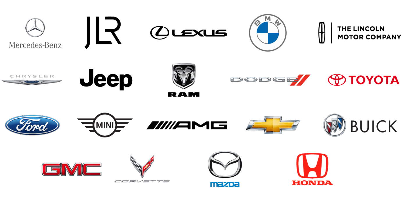 Marcas disponibles: Mercedes-Benz, JLR, Lexus, BMW, Lincoln, Chrysler, Jeep, RAM, Dodge, Toyota, Ford, MINI, AMG, Chevrolet, Buick, GMC, Corvette, Mazda, Honda